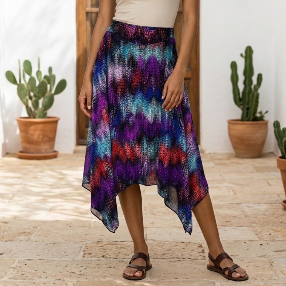 Plus Size Colorful Boho Midi Skirt 1X Hi Low Geometric Stretch Eclectic Festival